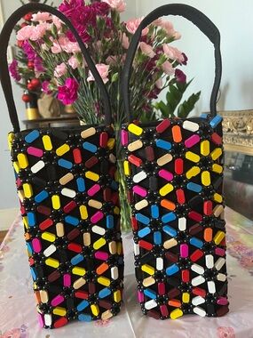 Handcrafted Multicolor Beaded Wine Bottle Bag - Black Base,new, never used